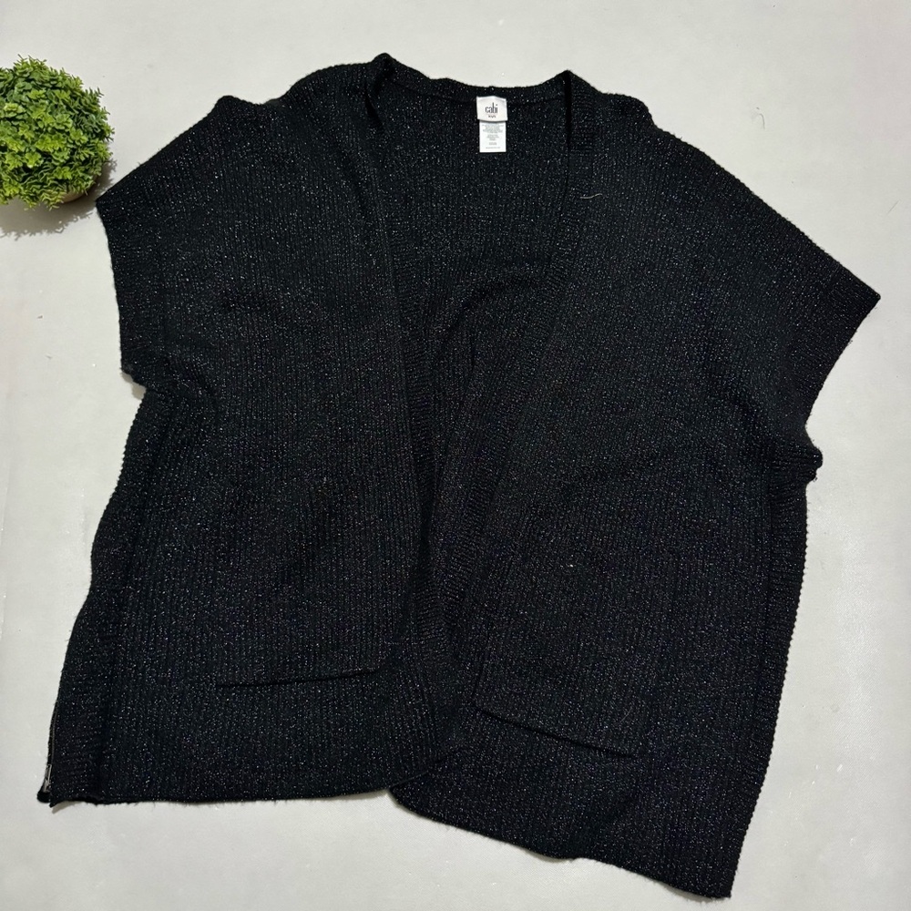 Cabi Black Glitter Ribbed Knit Sweater Cardigan Poncho Wrap‎ Women’s XS Small